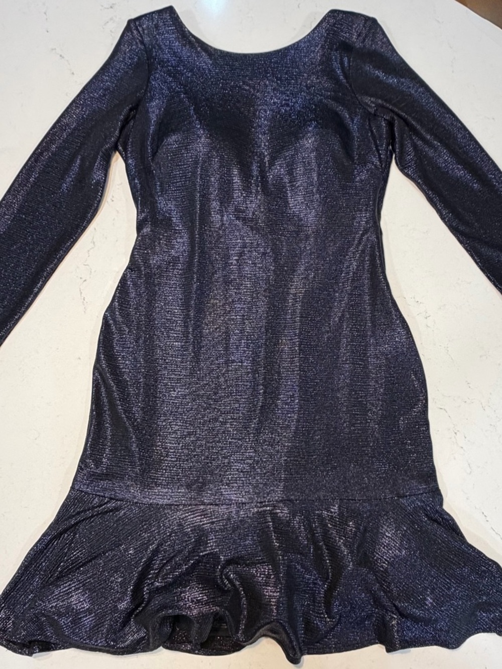 Night Way Collections Shimmery Navy Long-Sleeve Ruffle-Hem Dress